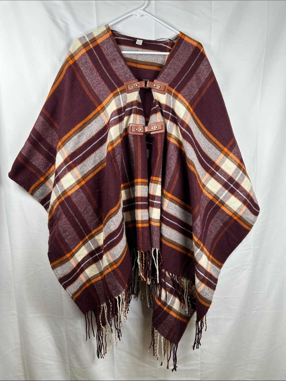 Cato Plaid Poncho One Size Burgundy Orange Fringe Wrap Cape